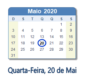 20 Maio 2020 calendario