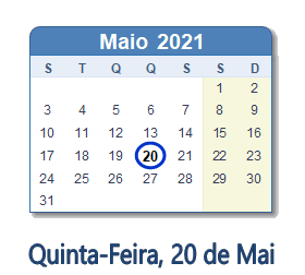 20 Maio 2021 calendario