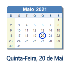 20 Maio 2021 calendario