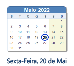20 Maio 2022 calendario