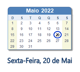 20 Maio 2022 calendario