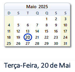 20 Maio 2025 calendario