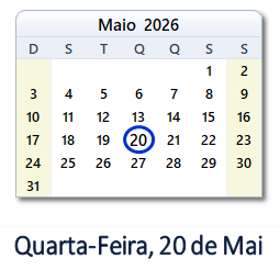 20 Maio 2026 calendario