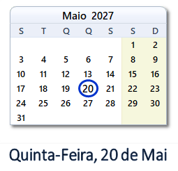 20 Maio 2027 calendario