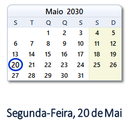 20 Maio 2030 calendario