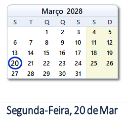 20 Março 2028 calendario