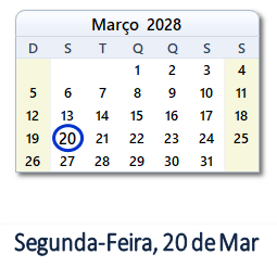 20 Março 2028 calendario