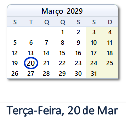 20 Março 2029 calendario