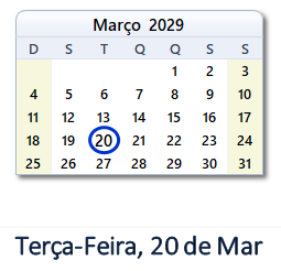 20 Março 2029 calendario