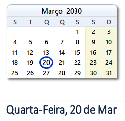 20 Março 2030 calendario