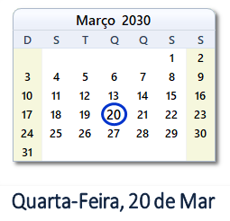 20 Março 2030 calendario