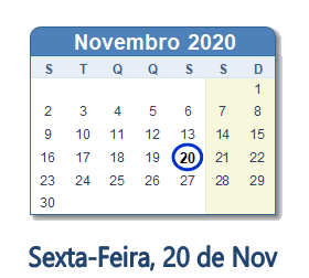 20 Novembro 2020 calendario