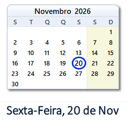 20 Novembro 2026 calendario