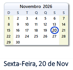 20 Novembro 2026 calendario