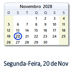 20 Novembro 2028 calendario