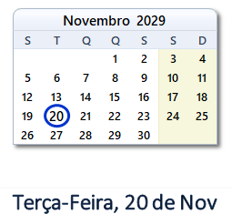 20 Novembro 2029 calendario