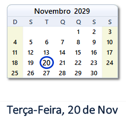 20 Novembro 2029 calendario
