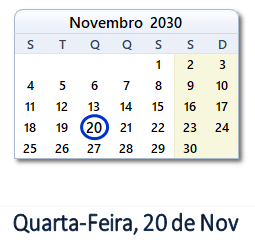 20 Novembro 2030 calendario