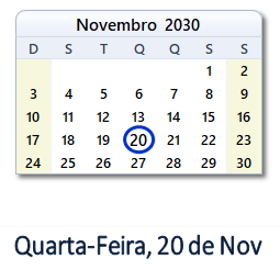20 Novembro 2030 calendario