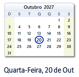 20 Outubro 2027 calendario