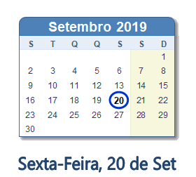20 Setembro 2019 calendario