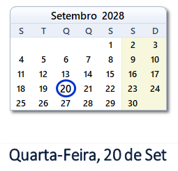 20 Setembro 2028 calendario