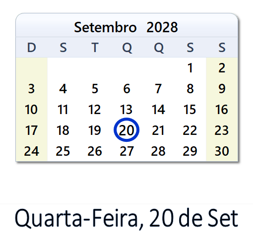20 de Set, 2028 Calendário com Feriados e Cont. Regressiva - BRA