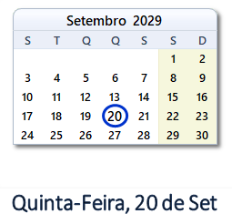 20 Setembro 2029 calendario