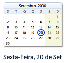 20 Setembro 2030 calendario