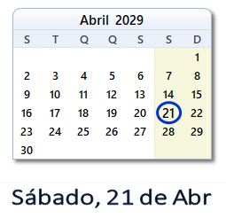 21 Abril 2029 calendario