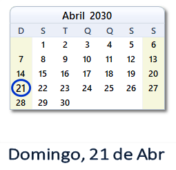 21 Abril 2030 calendario
