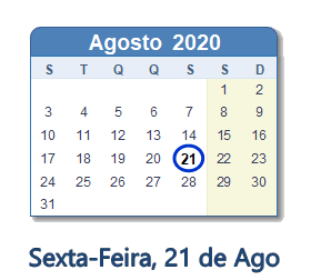 21 Agosto 2020 calendario
