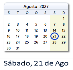 21 Agosto 2027 calendario
