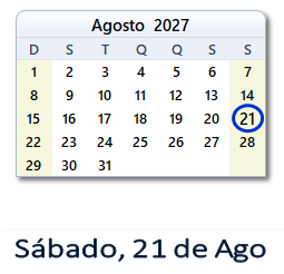 21 Agosto 2027 calendario