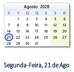 21 Agosto 2028 calendario