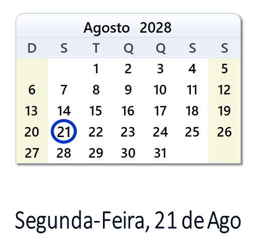 21 de Ago, 2028 Calendário com Feriados e Cont. Regressiva - BRA