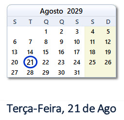 21 Agosto 2029 calendario