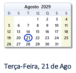 21 Agosto 2029 calendario