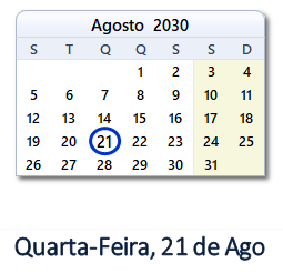 21 Agosto 2030 calendario