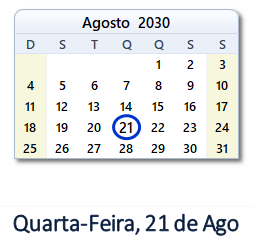 21 Agosto 2030 calendario