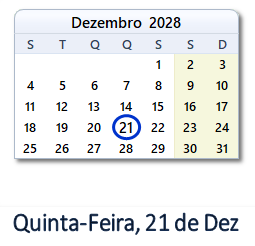 21 Dezembro 2028 calendario