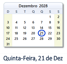 21 Dezembro 2028 calendario