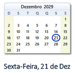 21 Dezembro 2029 calendario