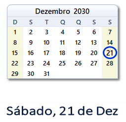 21 Dezembro 2030 calendario