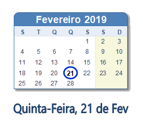 21 Fevereiro 2019 calendario