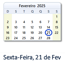 21 Fevereiro 2025 calendario