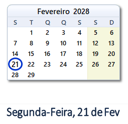 21 Fevereiro 2028 calendario