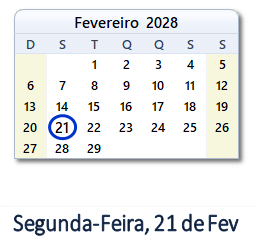 21 Fevereiro 2028 calendario