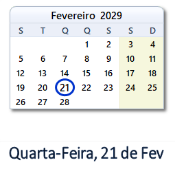 21 Fevereiro 2029 calendario