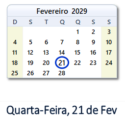 21 Fevereiro 2029 calendario